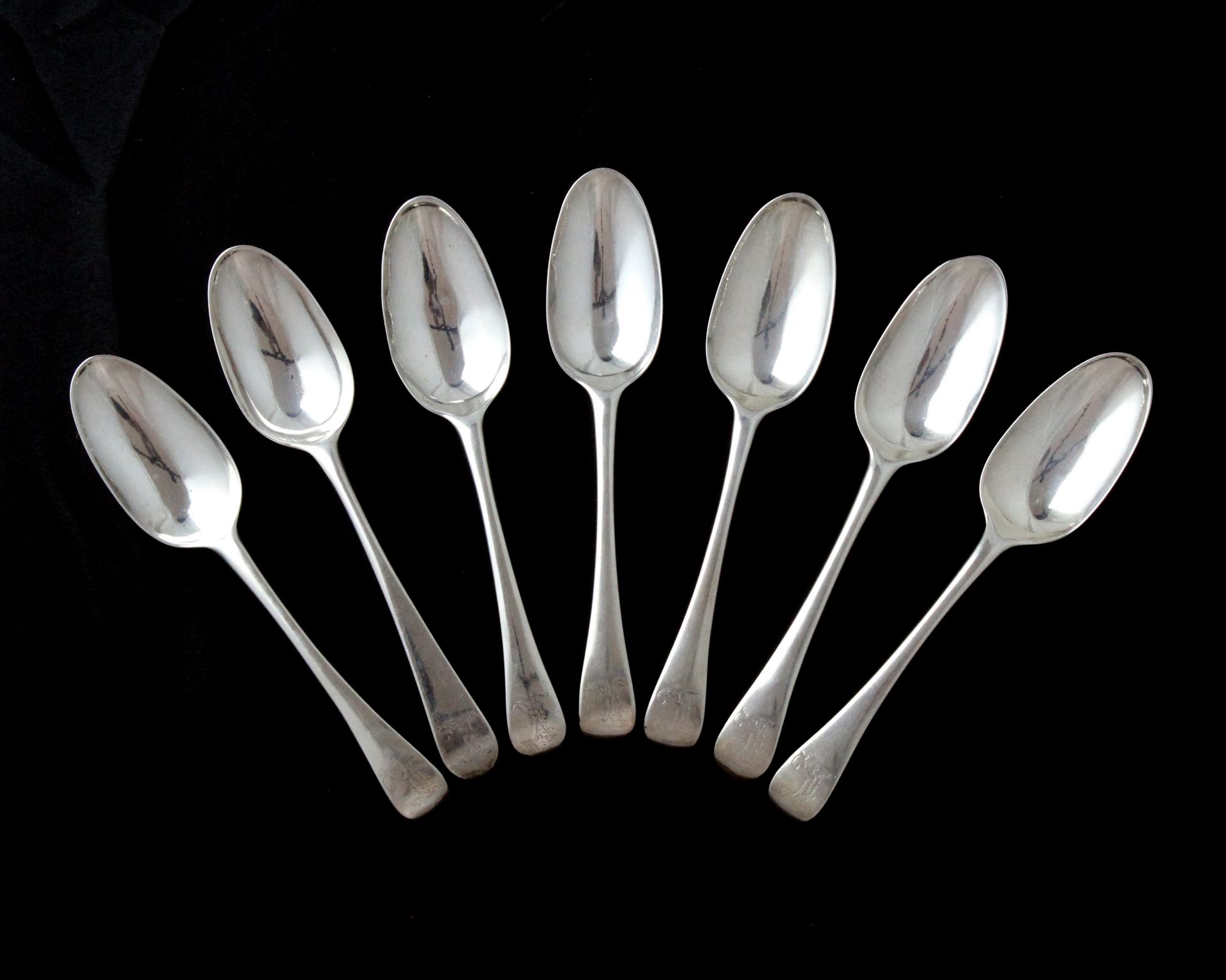 A set of seven antique George II Sterling Silver tablespoons by Joseph Smith I, London 1734