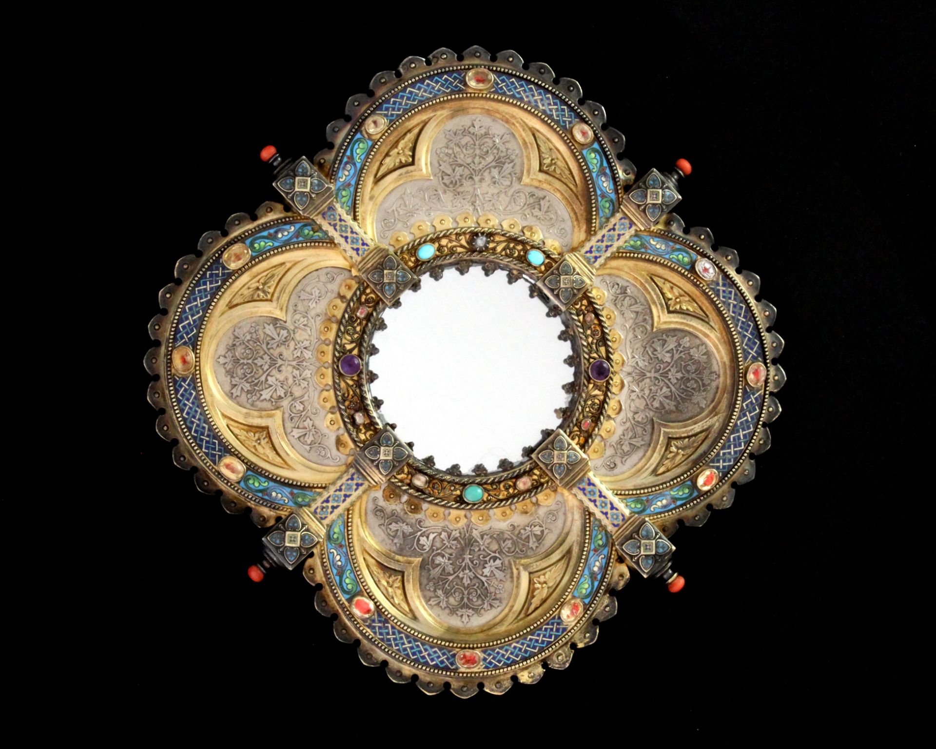 An antique 19th Century French jewelled parcel gilt Silver & enamel wall mirror of quatrefoil