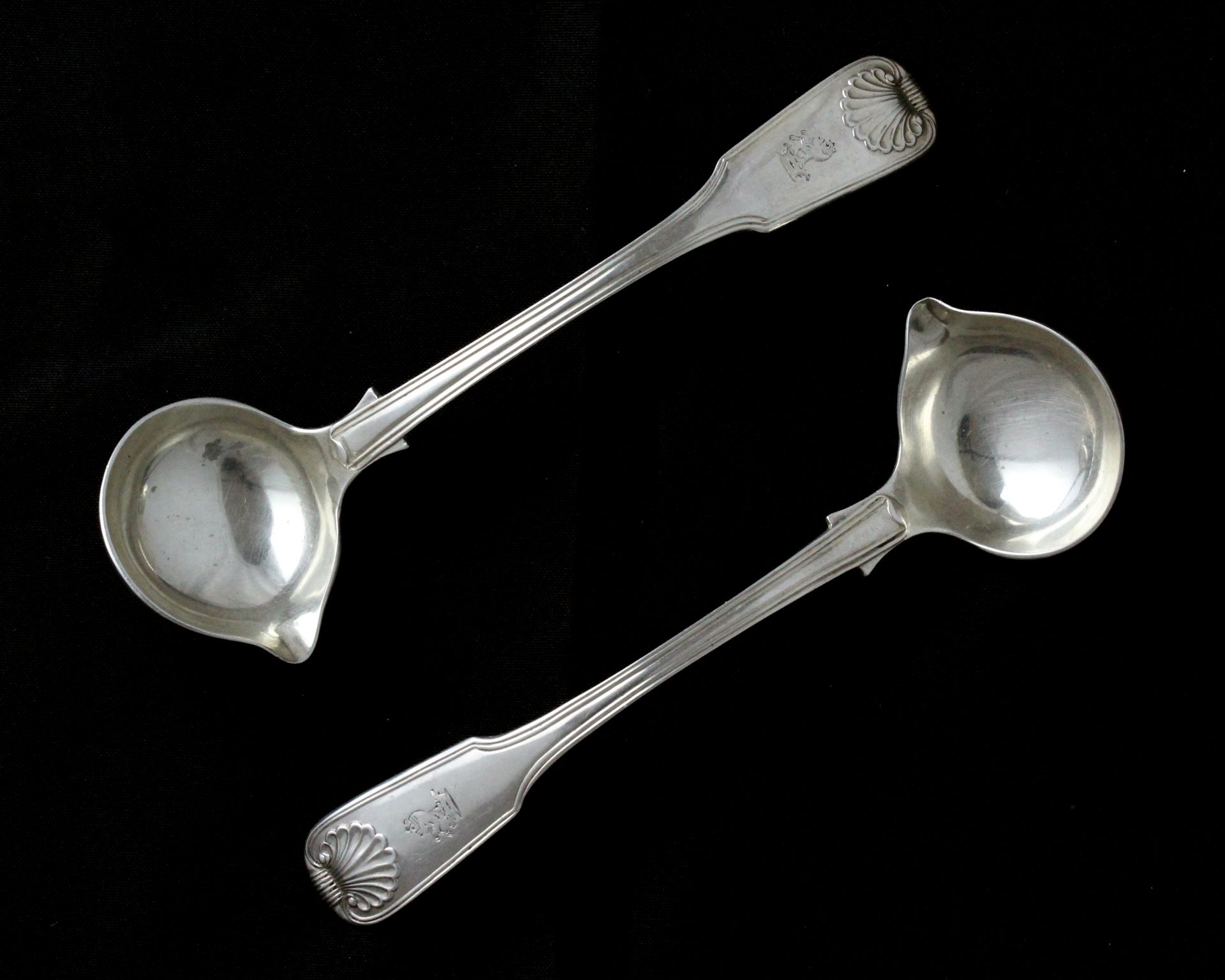 A pair of antique Victorian Irish Sterling Silver sauce / gravy ladles by John Smyth, Dublin 1852,