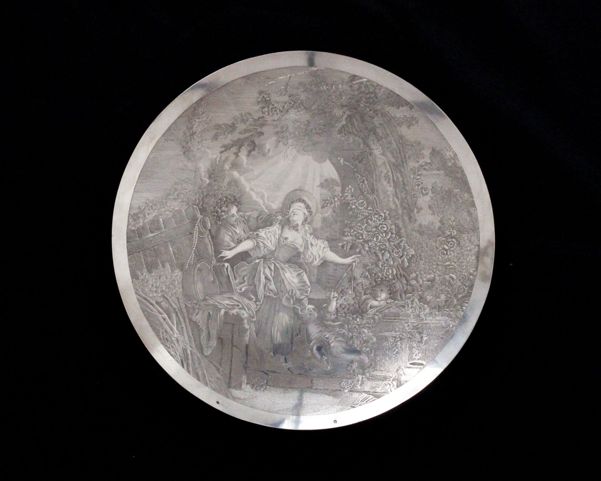An antique French wall platter / plaque circa 1880 with a very finely engraved depiction of a