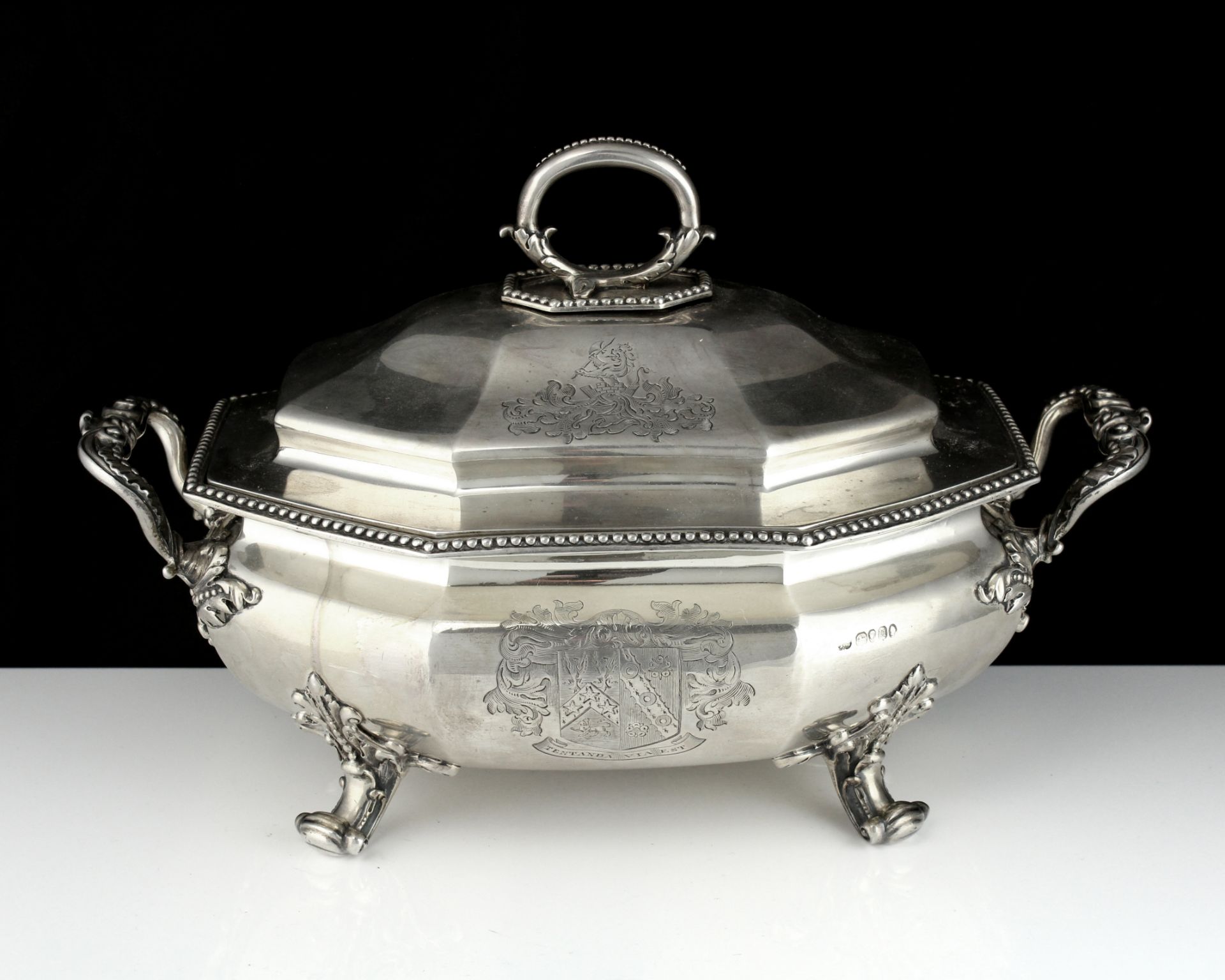 An antique William IV Sterling Silver soup tureen by Paul Storr, London 1835 of octagonal form