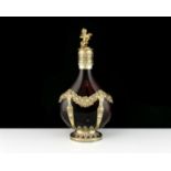 An antique German Silver mounted cranberry glass pilgrim flask / decanter circa 1870 the flattened