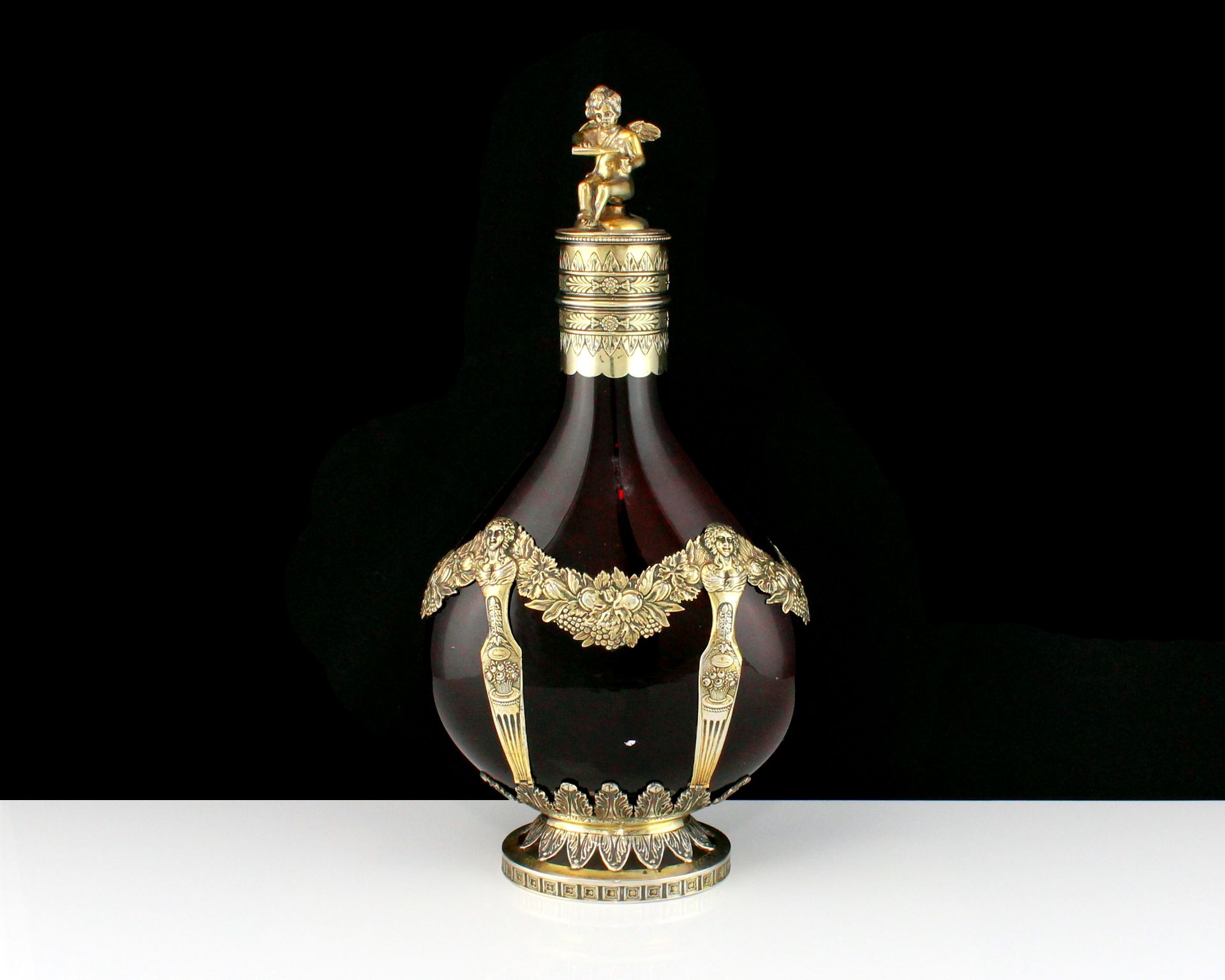 An antique German Silver mounted cranberry glass pilgrim flask / decanter circa 1870 the flattened