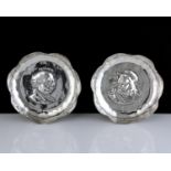 Two antique Edwardian Sterling Silver novelty Charles Dickens dishes by Douglas Clock Co Ltd,