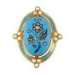 A DIAMOND AND PEARL FORGET-ME-NOT BROOCH, CIRCA 1870 designed as a large oval panel decorated with