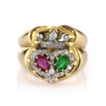 AN ANTIQUE RUBY, EMERALD AND DIAMOND SWEETHEART RING, LATE 19TH CENTURY set with oval cut ruby and