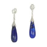 A PAIR OF LAPIS LAZULI AND DIAMOND DROP EARRINGS each set with a briolette cabochon lapis lazuli