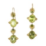 A PAIR OF PERIDOT DROP EARRINGS, 19TH CENTURY each set with a single row of four oval and round