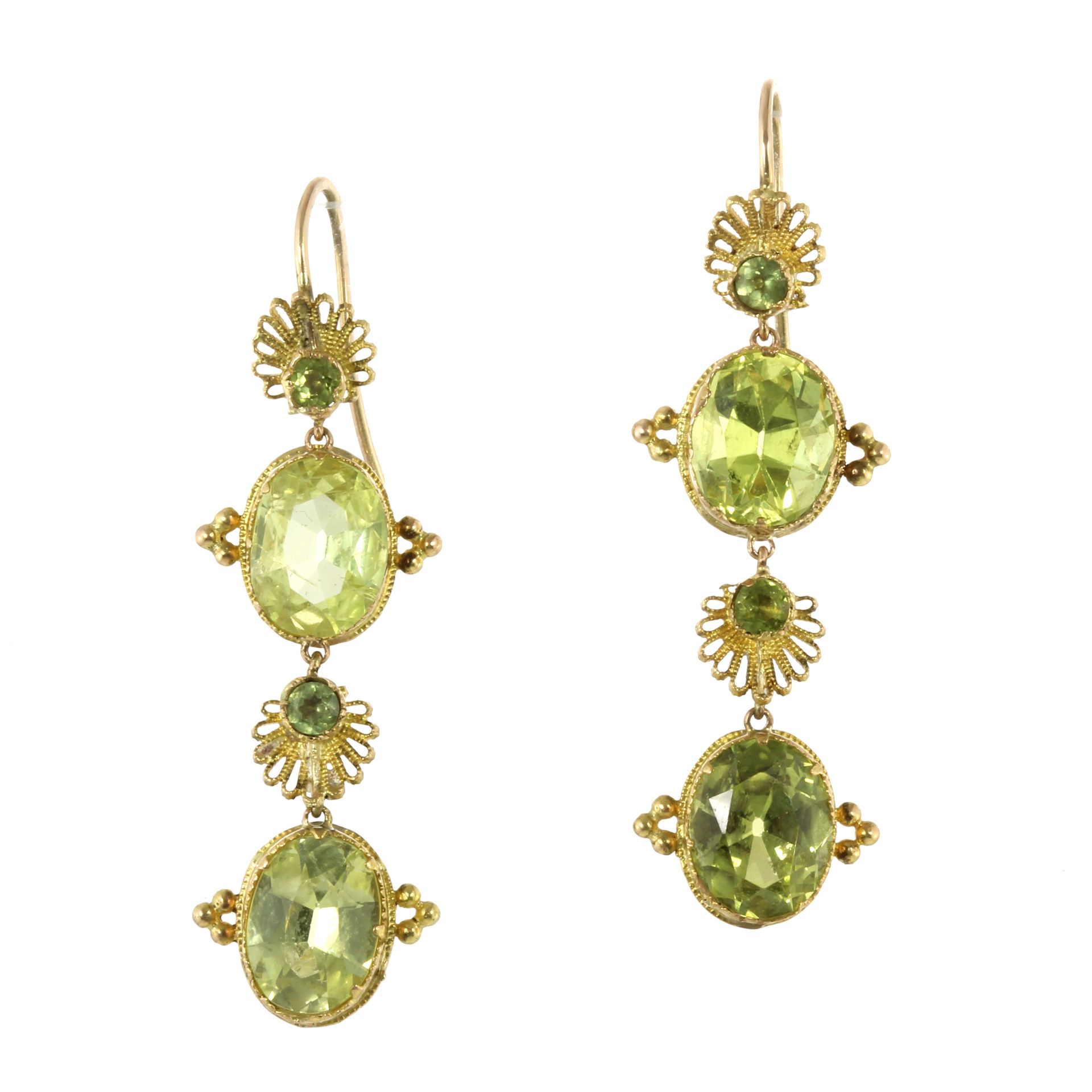 A PAIR OF PERIDOT DROP EARRINGS, 19TH CENTURY each set with a single row of four oval and round