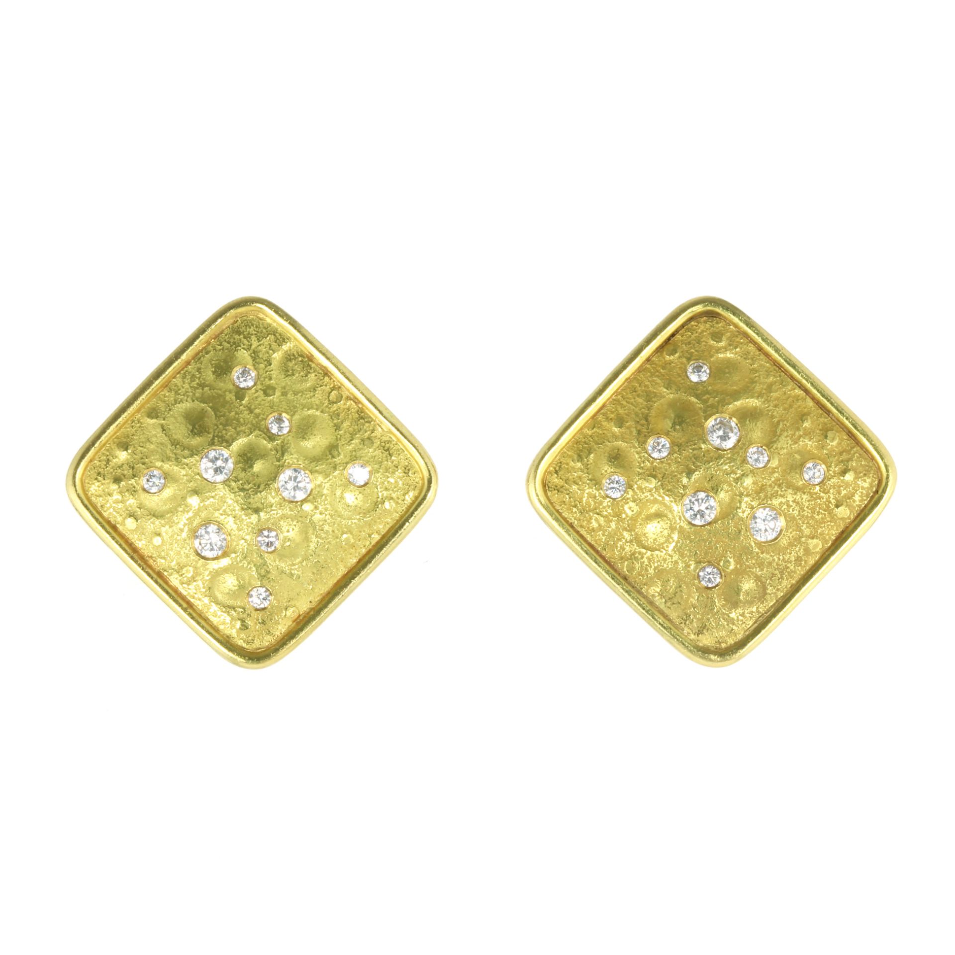 A PAIR OF DIAMOND EARRINGS, WANG CIRCA 1980 each designed as a rounded square panel with raised