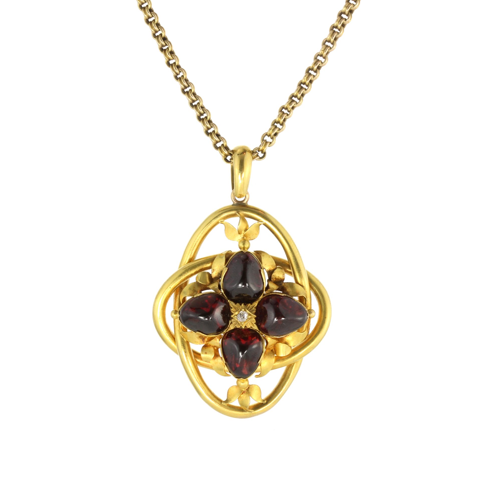 A GARNET & DIAMOND HAIRWORK MOURNING PENDANT AND CHAIN set with four pear shaped cabochon garnets in