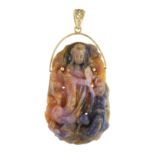 A CHINESE CARVED MULTICOLOUR SAPPHIRE PENDANT the 142.55 carat orange, pink and blue hue sapphire