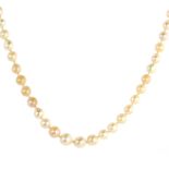 A PEARL NECKLACE comprising a single row of ninety six graduated pearls up to 5.9mm in diameter,