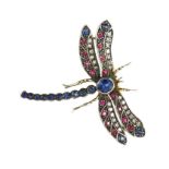 A SAPPHIRE, RUBY AND DIAMOND DRAGONFLY BROOCH modeled as a dragonfly with its wings splayed, its