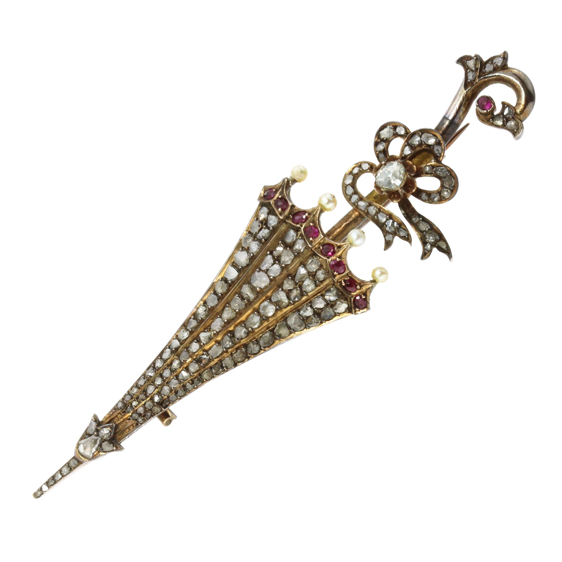 AN ANTIQUE DIAMOND, PEARL AND RUBY UMBRELLA BROOCH, LATE 19TH CENTURY jewelled all over with rose