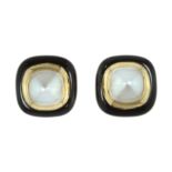 A PAIR OF PEARL AND BLACK ONYX CLIP EARRINGS each of cushion shape set with a large, central pearl