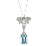 AN AQUAMARINE AND DIAMOND PENDANT AND CHAIN set with an emerald cut aquamarine of 9.70 carats