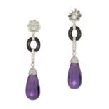 A PAIR OF AMETHYST, ONYX AND DIAMOND EARRINGS each set with a large polished briolette amethyst