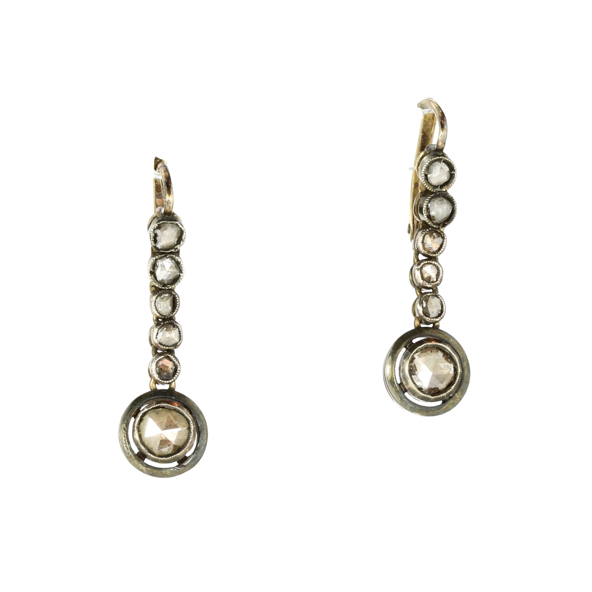 A PAIR OF DIAMOND DROP EARRINGS, CIRCA 1900 each set with a round rose cut diamond in a circular