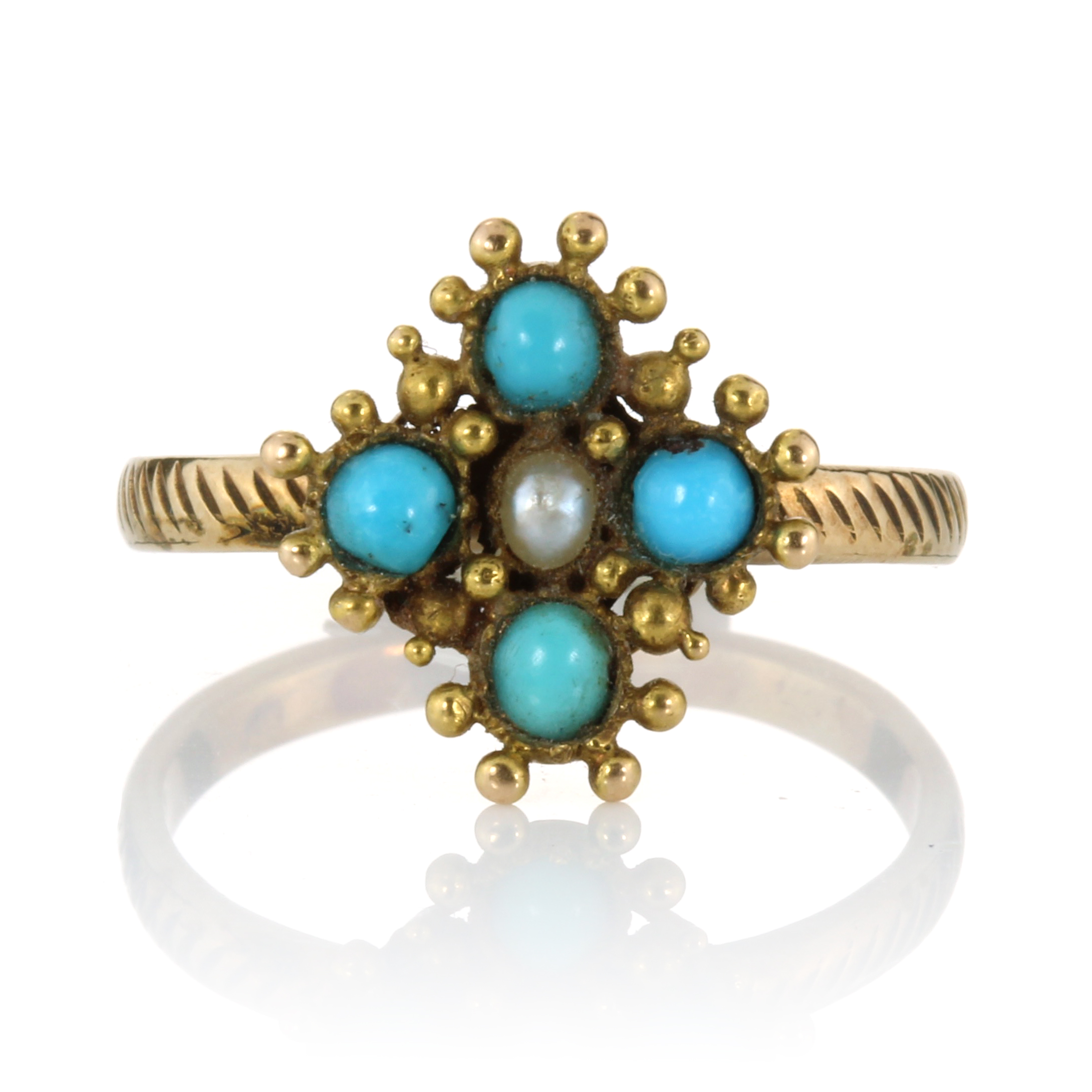 AN ANTIQUE TURQUOISE AND PEARL DRESS RING set with a central pearl surrounded by four turquoise