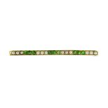 AN ANTIQUE DEMANTOID GARNET AND PEARL BROOCH designed as a bar set with alternating trios of round