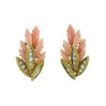 A PAIR OF CORAL AND DIAMOND CLIP EARRINGS, CUSI CIRCA 1960 each designed as a foliate spray in coral