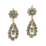 A PAIR OF ANTIQUE DIAMOND EARRINGS floral designs set with small rose cut diamonds, 5.4cm.