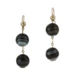 A PAIR OF BANDED AGATE BEAD EARRINGS each designed as two 12.2mm banded agate beads suspended from a