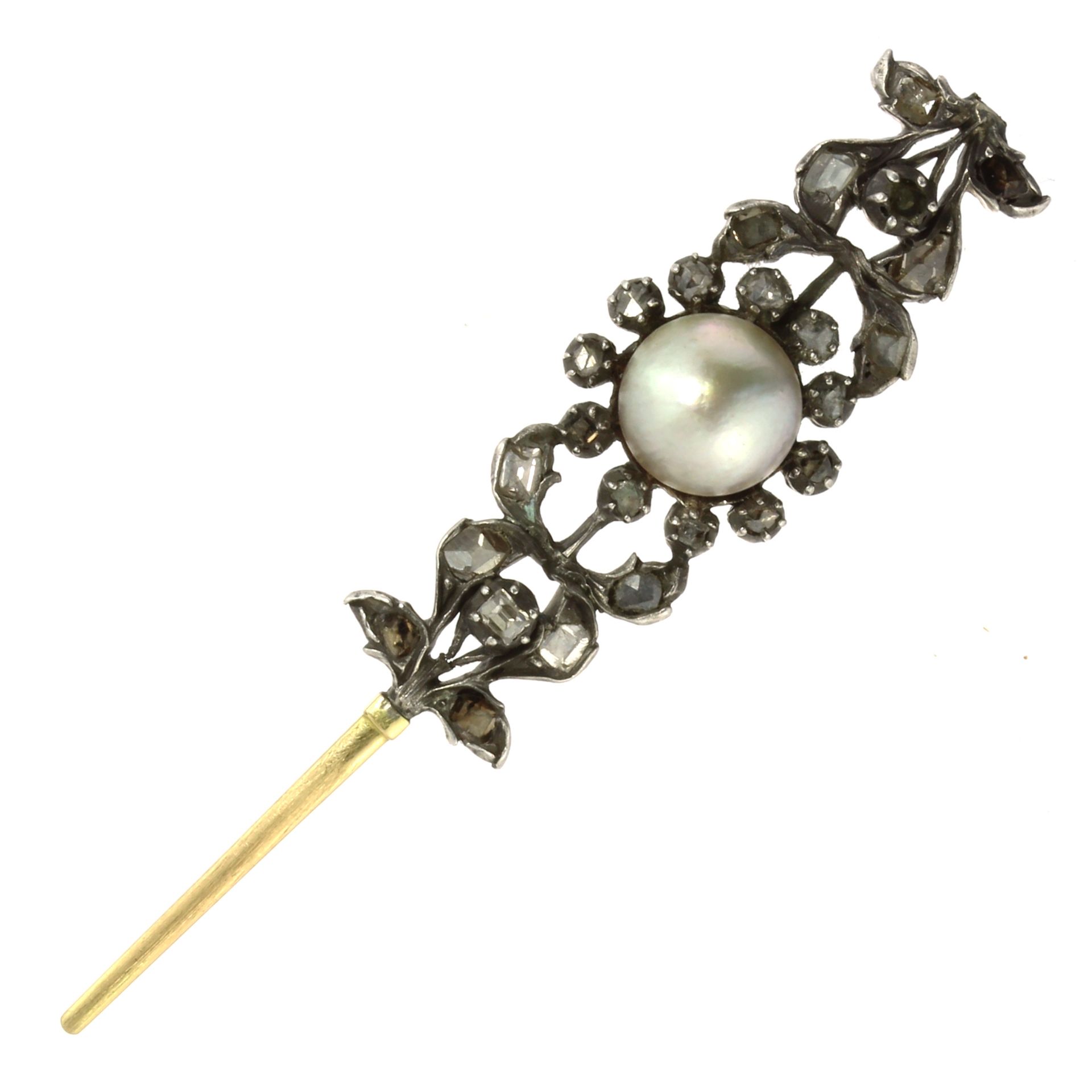 A PEARL AND DIAMOND HAT / LAPEL PIN, 19TH CENTURY set with a large, circular pearl surrounded by a
