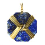 A LAPIS LAZULI AND DIAMOND PENDANT designed as a large octagonal piece of carved lapis lazuli