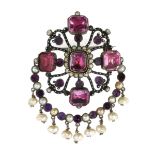 AN ANTIQUE PINK PINK PASTE, AMETHYST AND PEARL BROOCH, 19TH CENTURY set with five emerald cut pink