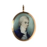 AN ANTIQUE PORTRAIT MINIATURE & HAIRWORK MOURNING PENDANT, EARLY-MID 19TH CENTURY of oval form,