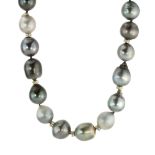 A GREY PEARL AND DIAMOND NECKLACE comprising a single row of large, grey pearls, the largest 16.