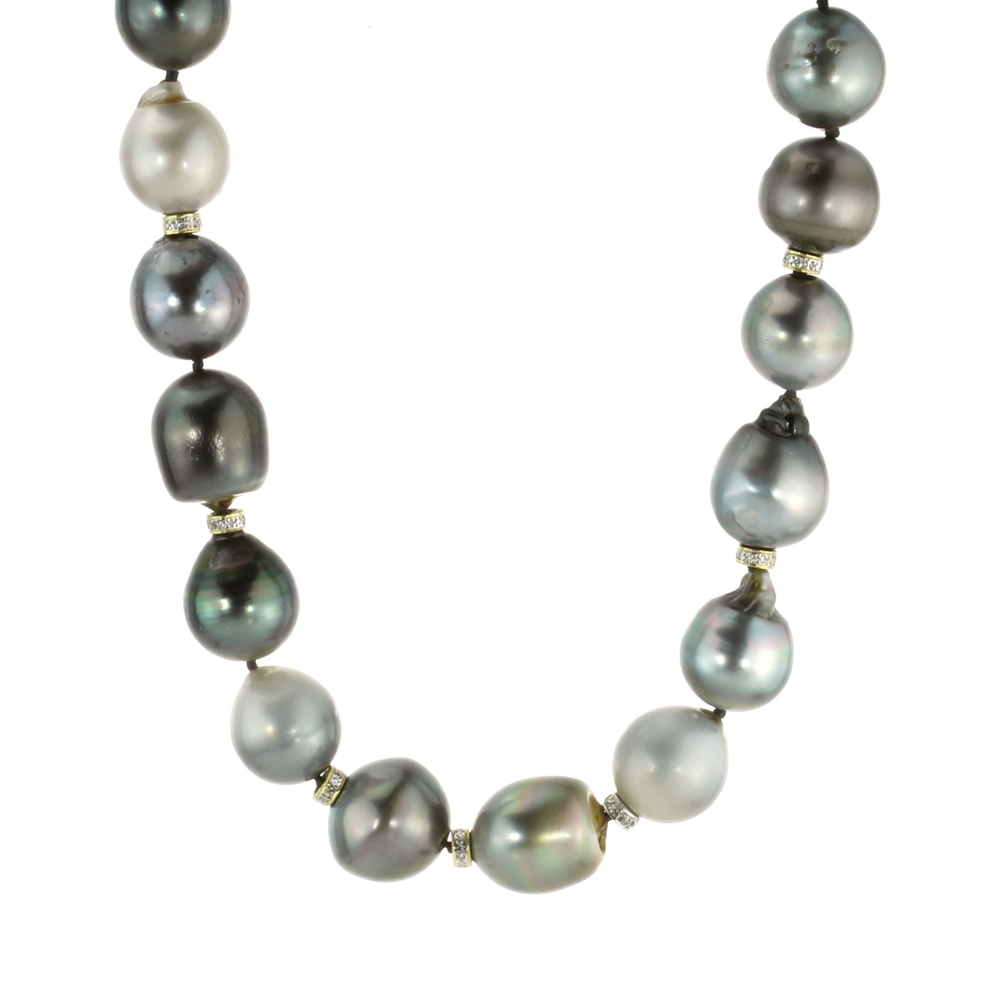 A GREY PEARL AND DIAMOND NECKLACE comprising a single row of large, grey pearls, the largest 16.