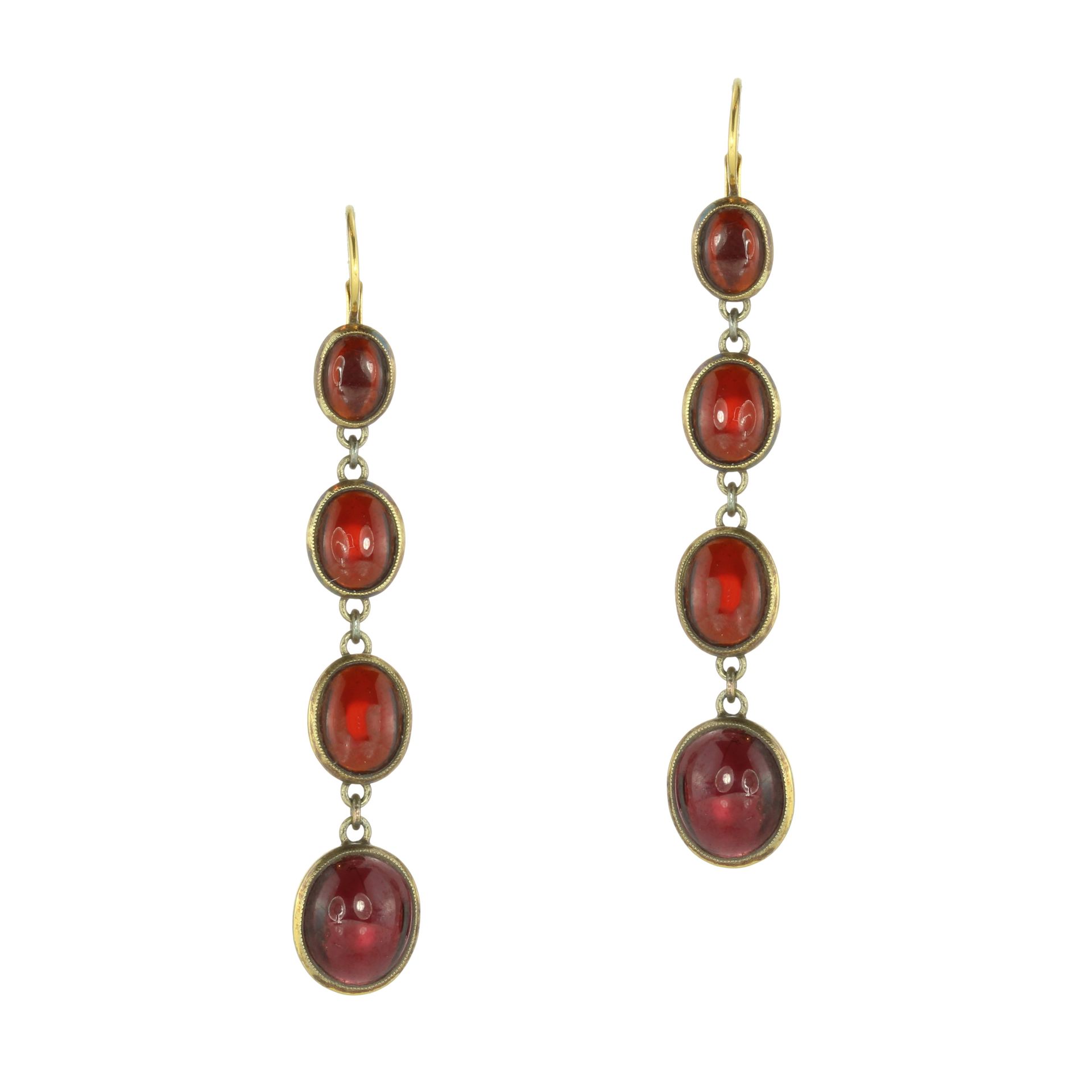 A PAIR OF ANTIQUE GARNET PENDANT EARRINGS each designed as four graduated oval cabochon garnets