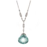 A 30.57 CARAT PARAIBA TOURMALINE AND DIAMOND NECKLACE set with a pear cut paraiba tourmaline of 30.