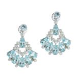 A PAIR OF AQUAMARINE AND DIAMOND EARRINGS each designed as a fan of five pear cut aquamarines