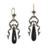 A PAIR OF ANTIQUE ONYX AND DIAMOND DROP EARRINGS each with a briolette cut black onyx suspended