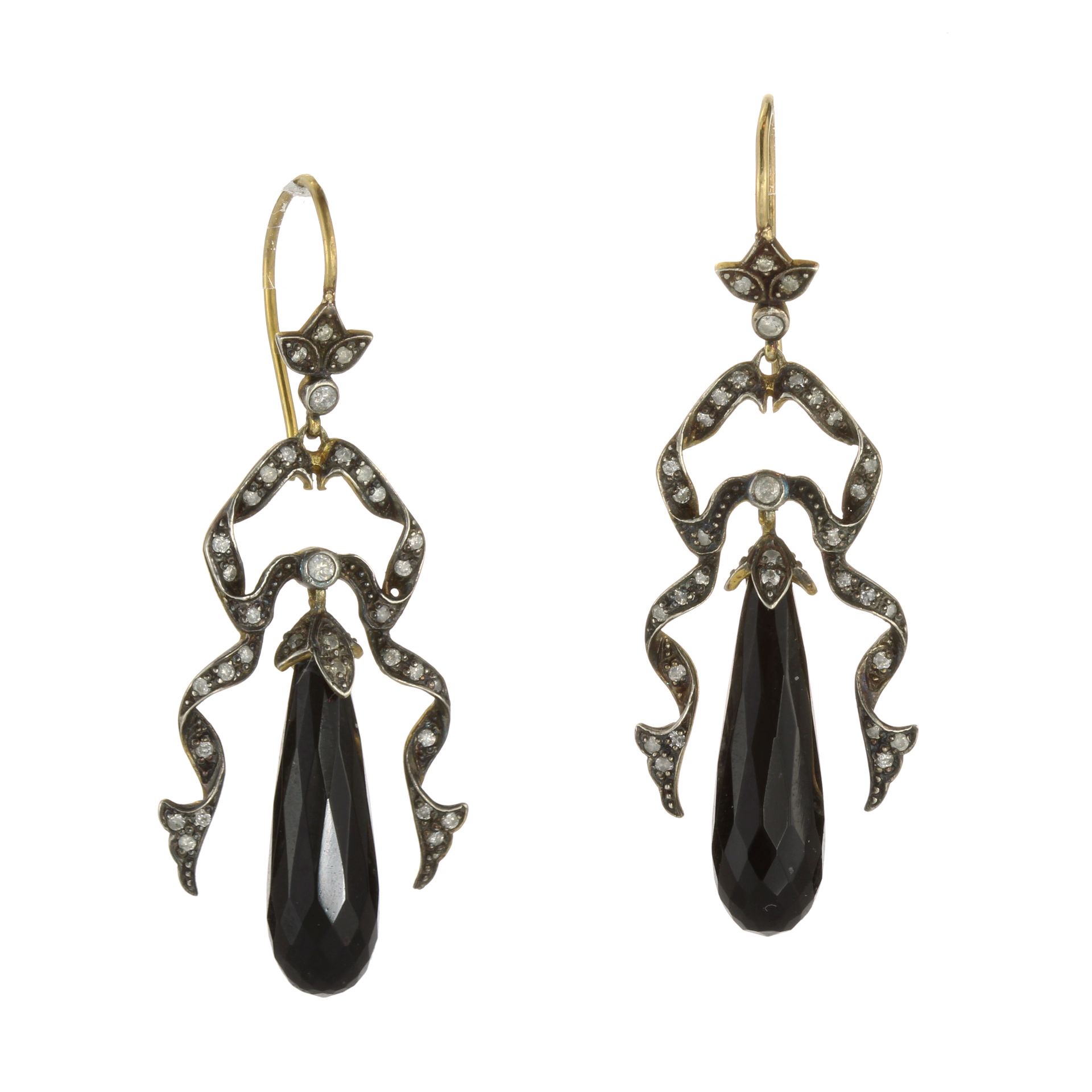 A PAIR OF ANTIQUE ONYX AND DIAMOND DROP EARRINGS each with a briolette cut black onyx suspended