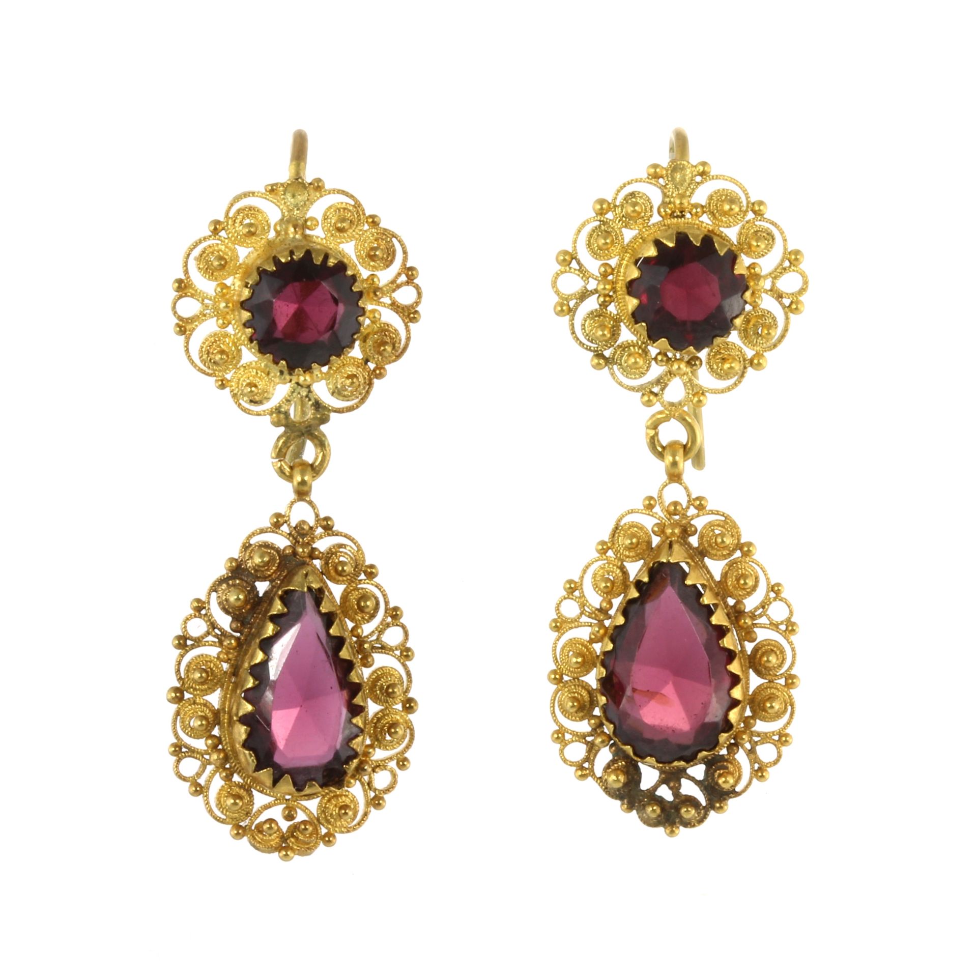 A PAIR OF GARNET DROP EARRINGS, 19TH CENTURY each designed as a round cut garnet in a filigree mount