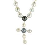 A PEARL CRUCIFIX / CROSS NECKLACE comprising a single row of large pearls punctuated with seed