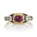 AN ANTIQUE RUBY AND DIAMOND THREE STONE RING, EARLY 19TH CENTURY set with a central oval cut ruby