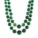 A TWO STRAND CHRYSOPRASE BEAD NECKLACE comprising two rows of graduated round polished chrysoprase