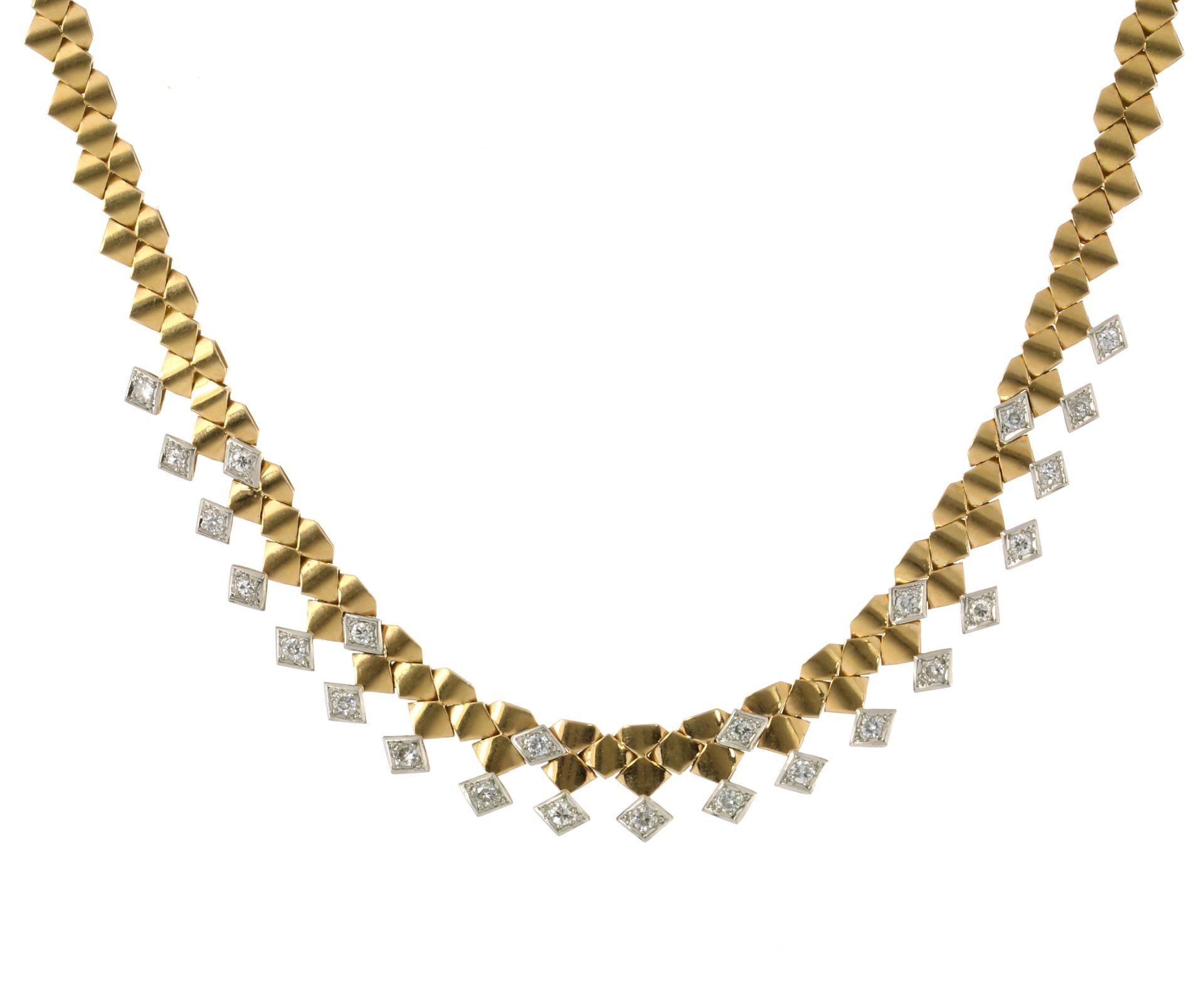 A DIAMOND NECKLACE, CIRCA 1980 designed as a single row of adjoining diamond motifs jewelled with