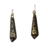 A PAIR OF ANTIQUE TORTOISESHELL AND PIQUE DROP EARRINGS each carved as a tapering piece of