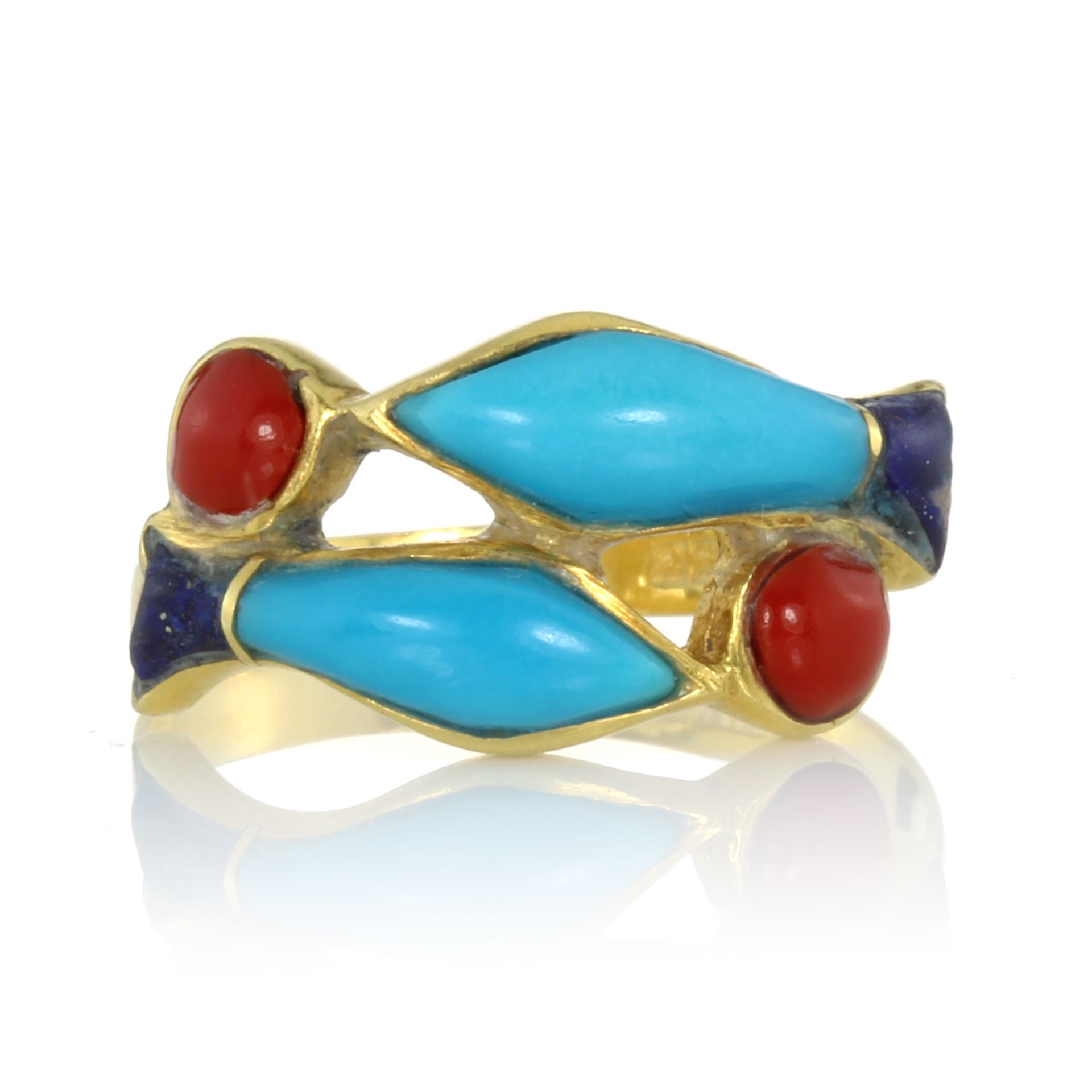 A TURQUOISE, CORAL AND LAPIS LAZULI PISCES RING designed with two fish swimming beside each other in