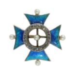 A PEARL, DIAMOND AND ENAMEL MALTESE CROSS BROOCH, CHILD AND CHILD 19TH CENTURY designed as a Maltese