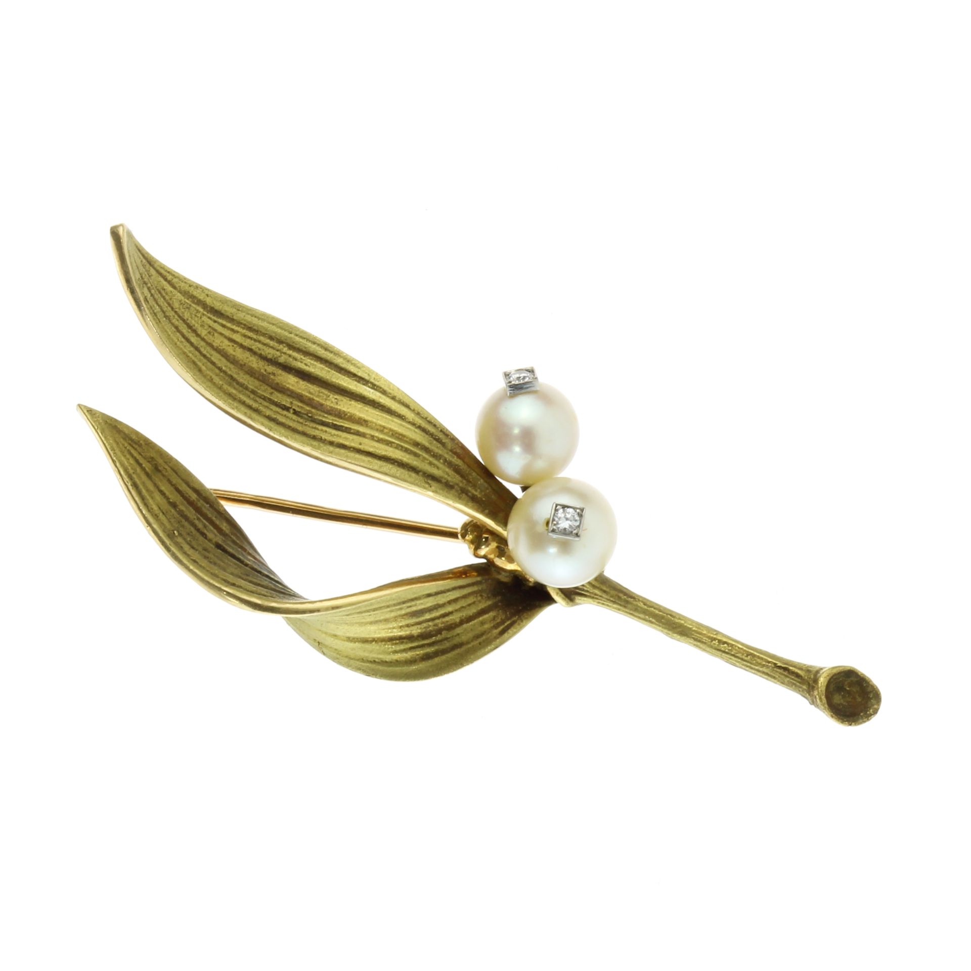 A PEARL AND DIAMOND BROOCH, PIERRE STERLÉ, CIRCA 1950 designed as a leaf shoot, naturalistically