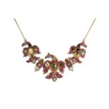 A GEM SET COLLAR NECKLACE, PROBABLY SOUTH EAST ASIAN designed as five floral shaped links, each