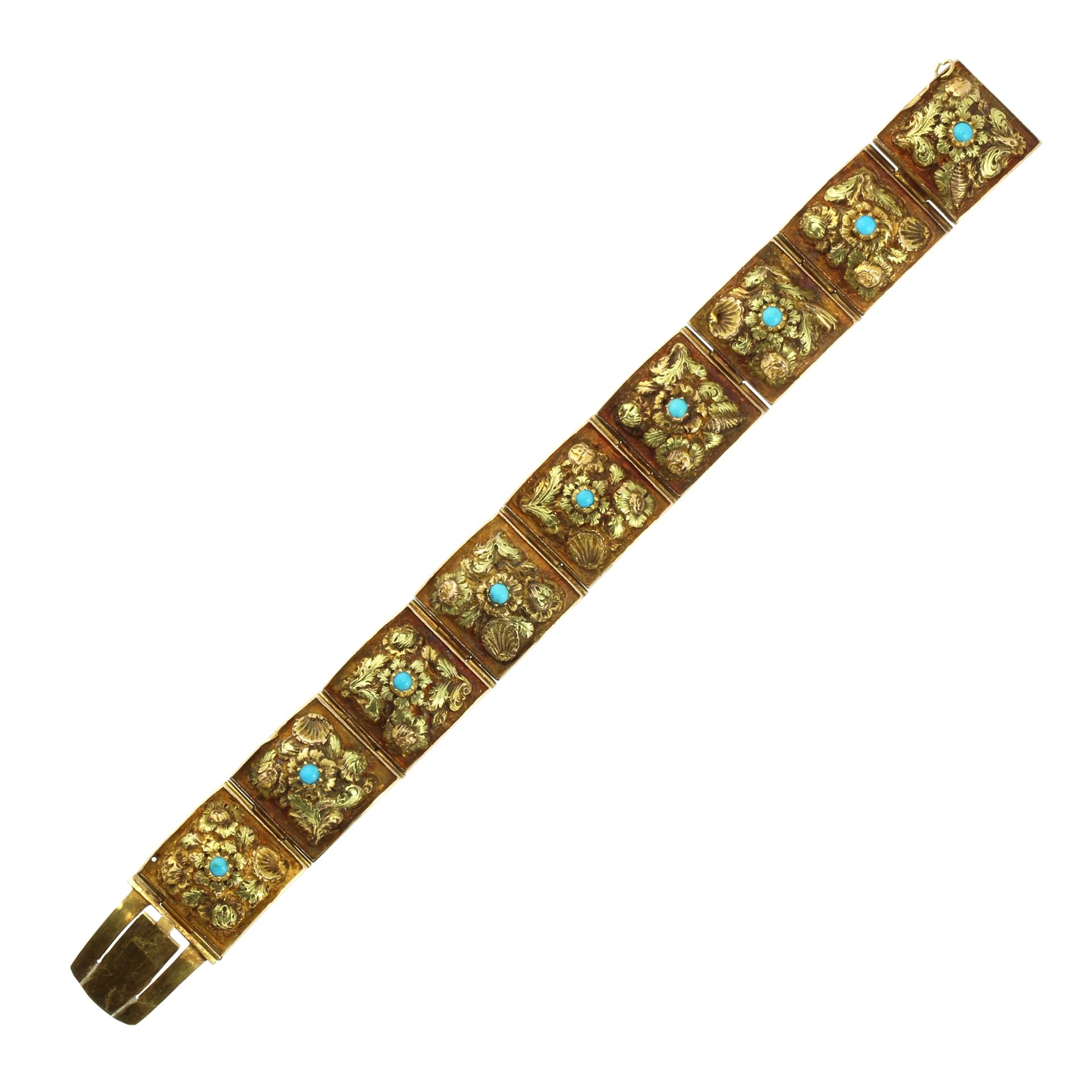 AN ANTIQUE TURQUOISE BRACELET, LATE 19TH CENTURY designed as nine square links with high relief